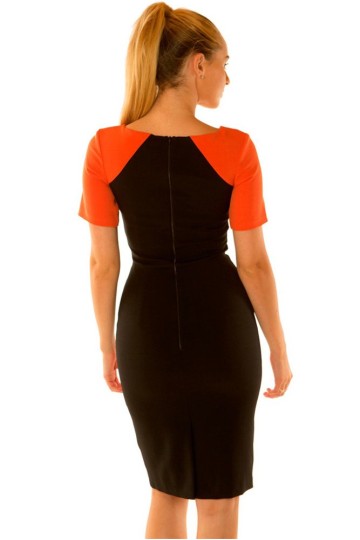 Šaty ke kolenům s krátkými rukávy oranžová červená černá  Šaty ke kolenům s krátkými rukávy oranžová červená černá