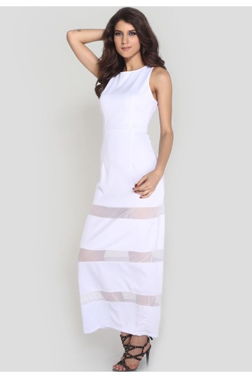 Bílé dlouhé šaty se sukní s tylovými pruhy Bílé dlouhé šaty se sukní s tylovými pruhy