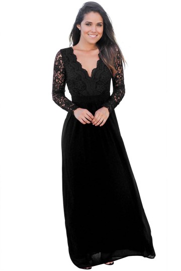 Černé krajkové dlouhé šaty s rukávy a výstřihem Černé krajkové dlouhé šaty s rukávy a výstřihem