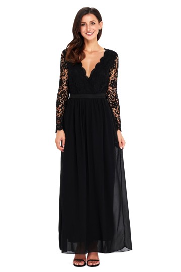 Černé krajkové dlouhé šaty s rukávy a výstřihem Černé krajkové dlouhé šaty s rukávy a výstřihem