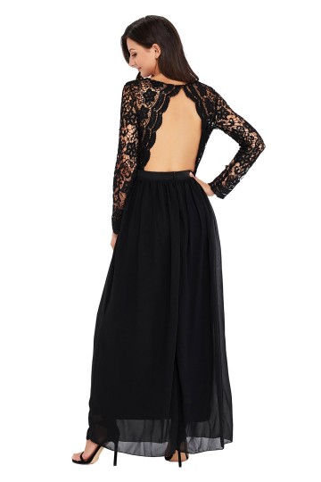 Černé krajkové dlouhé šaty s rukávy a výstřihem Černé krajkové dlouhé šaty s rukávy a výstřihem