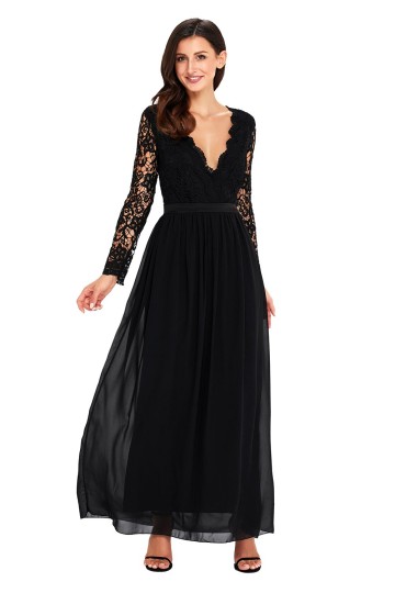 Černé krajkové dlouhé šaty s rukávy a výstřihem Černé krajkové dlouhé šaty s rukávy a výstřihem