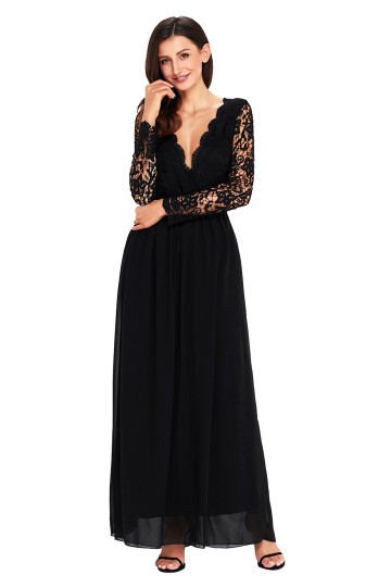 Černé krajkové dlouhé šaty s rukávy a výstřihem Černé krajkové dlouhé šaty s rukávy a výstřihem