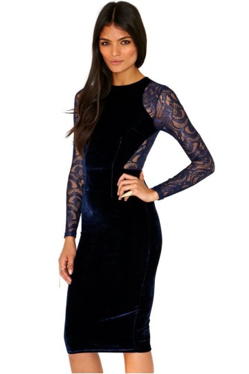 Tmavě modré semiš krajkové midi šaty  Tmavě modré semiš krajkové midi šaty