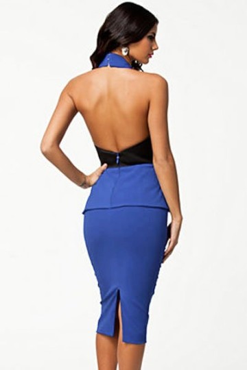 Midi modré peplum šaty s přehozem za krk Midi modré peplum šaty s přehozem za krk