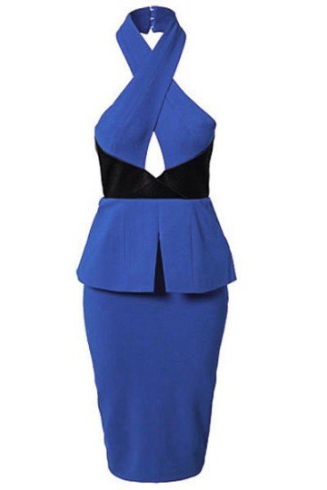 Midi modré peplum šaty s přehozem za krk Midi modré peplum šaty s přehozem za krk