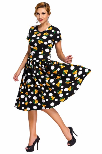 Černé retro šaty s puntíky a třešínkami