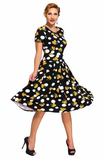 Černé retro šaty s puntíky a třešínkami Černé retro šaty s puntíky a třešínkami