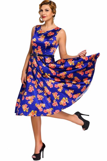 Modré květinové retro šaty