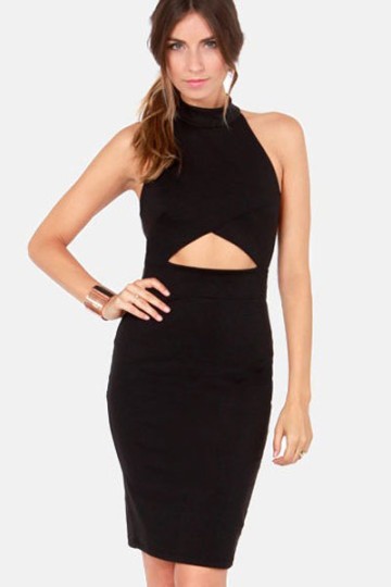 Černé midi šaty s odhaleným bříškem Olga